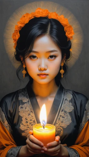 chinese art,burning candle,korean culture,mystical portrait of a girl,lighted candle,vietnamese woman,buddhist,sacred lotus,bodhisattva,oriental painting,sacred art,candlelights,fortune telling,candle light,tea light,geisha girl,buddha's birthday,candlemaker,asian woman,geisha,Illustration,Japanese style,Japanese Style 18
