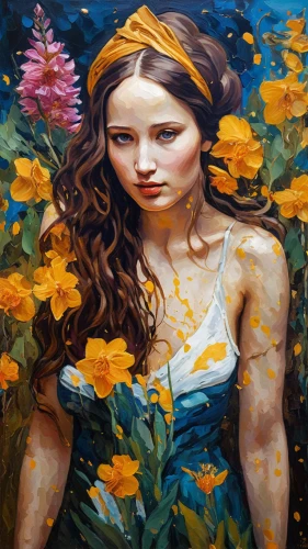 girl in flowers,girl in the garden,girl picking flowers,girl in a wreath,the garden marigold,oil painting on canvas,oil painting,kahila garland-lily,marigold,beautiful girl with flowers,golden flowers,water nymph,marigolds,sea beach-marigold,flora,young woman,orange blossom,oil on canvas,yellow petals,yellow bells,Art,Classical Oil Painting,Classical Oil Painting 16