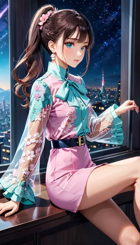 miku maekawa,mikuru asahina,starry sky,japanese sakura background,azalea,nico,cg artwork,japanese idol,pianist,starry,diamond background,shibuya,window sill,clear night,milky way,star sky,anime japanese clothing,honmei choco,sitting on a chair,newscaster,Anime,Anime,General