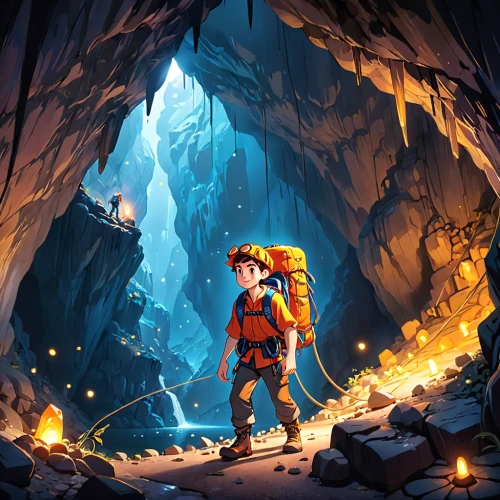 caving,cave tour,adventurer,mountain guide,chasm,adventure game,pit cave,monkey island,cave,adventure,exploration,magical adventure,lava cave,dipper,game illustration,miner,lava tube,descent,mining,mountain rescue,Anime,Anime,Cartoon