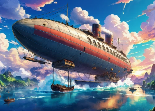 airship,airships,sea fantasy,caravel,air ship,ocean liner,studio ghibli,ship of the line,lightship,waterglobe,sea sailing ship,voyage,factory ship,graf-zepplin,galleon,ship,ship wreck,scarlet sail,fantasy world,galleon ship,Illustration,Japanese style,Japanese Style 03