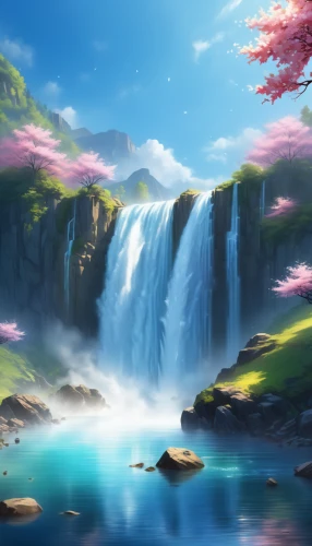 wasserfall,waterfall,landscape background,waterfalls,water fall,water falls,spring background,fantasy landscape,springtime background,mountain spring,a small waterfall,cartoon video game background,falls,ash falls,flower water,japanese sakura background,beauty scene,fairy world,ilse falls,falls of the cliff,Illustration,Realistic Fantasy,Realistic Fantasy 01