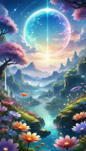 fantasy landscape,landscape background,fairy world,fantasy picture,moon and star background,dream world,fairy galaxy,children's background,unicorn background,fantasy art,fantasia,fantasy world,3d fantasy,background images,celestial event,fairy forest,magic star flower,star winds,full hd wallpaper,flowers celestial,Illustration,Realistic Fantasy,Realistic Fantasy 01