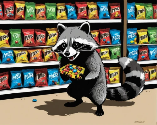 north american raccoon,raccoons,raccoon,rocket raccoon,anthropomorphized animals,grocery shopping,cartoon chips,canned food,snack food,shopping icon,coatimundi,convenience store,small animal food,grocery,mustelid,supermarket shelf,snacks,store icon,crisps,vending machine,Illustration,Vector,Vector 11