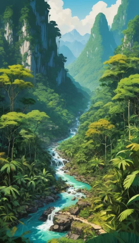 rainforest,river landscape,landscape background,fantasy landscape,mountainous landscape,karst landscape,jungle,tropical greens,rain forest,forest landscape,valley,world digital painting,tropical jungle,an island far away landscape,mountain landscape,green valley,high landscape,forests,green forest,nature landscape,Illustration,Paper based,Paper Based 07