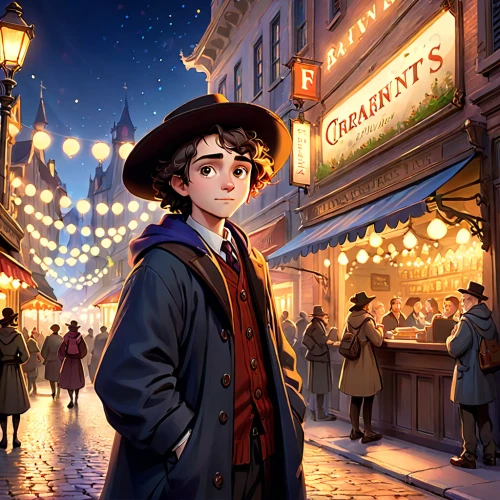 hamelin,french digital background,lamplighter,merchant,game illustration,cg artwork,town crier,city ​​portrait,bellboy,hatter,the pied piper of hamelin,christmas carol,holmes,gas lamp,mary poppins,violet evergarden,pilgrim,peddler,sci fiction illustration,world digital painting,Anime,Anime,Cartoon