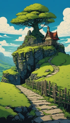 studio ghibli,meteora,mushroom landscape,mushroom island,summit castle,hilltop,home landscape,high landscape,witch's house,treehouse,bird kingdom,landscape background,cartoon video game background,lonely house,green valley,background with stones,fantasy landscape,tree house,kingdom,isolated tree,Illustration,Vector,Vector 03