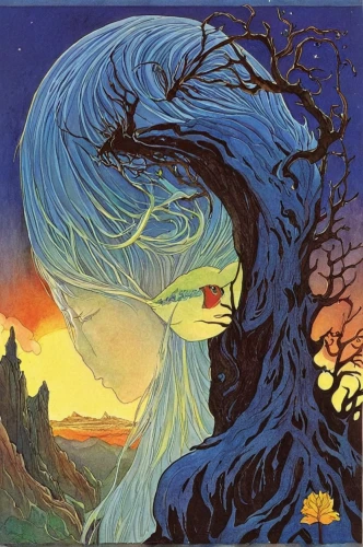 mother earth,sacred fig,celtic tree,girl with tree,the branches of the tree,weeping willow,blue moon rose,shamanism,blue moon,magic tree,tree of life,mother earth statue,phase of the moon,spring equinox,hanging moon,shamanic,druids,moonbeam,argan tree,sun and moon,Illustration,Realistic Fantasy,Realistic Fantasy 04