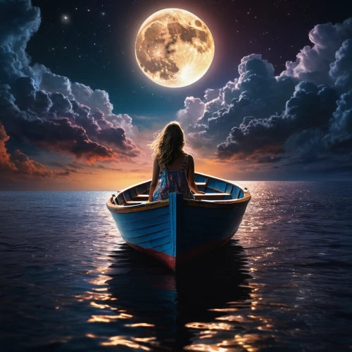 adrift,girl on the boat,moonlight,fantasy picture,the night of kupala,boat landscape,photo manipulation,moonlit night,moon and star background,blue moon,afloat,photoshop manipulation,rowboat,photomanipulation,sea night,full moon,celestial body,voyage,moonlit,dreams catcher,Photography,General,Natural