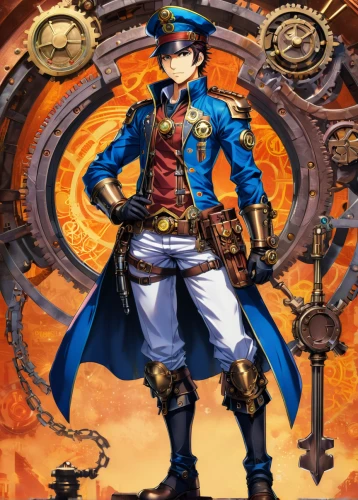 steampunk,key-hole captain,steampunk gears,pirate,clockmaker,napoleon bonaparte,admiral von tromp,pirate treasure,naval officer,galleon,tower flintlock,hatter,pirates,napoleon,musketeer,military officer,gunfighter,captain,ship doctor,gear shaper,Illustration,Japanese style,Japanese Style 03