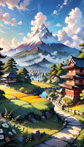 japan landscape,mountain landscape,japanese mountains,meteora,mountain scene,mountain village,landscape background,mountainous landscape,japanese alps,mountain world,mountain settlement,fantasy landscape,autumn mountains,mountain valley,world digital painting,high landscape,mount scenery,japanese background,home landscape,mountain,Anime,Anime,General