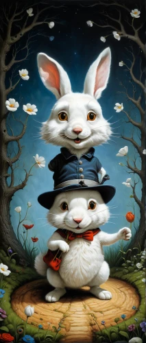 rabbits and hares,white rabbit,rabbit family,hares,alice in wonderland,rabbits,easter rabbits,whimsical animals,easter card,easter bunny,gray hare,bunnies,fox and hare,children's background,easter theme,children's fairy tale,peter rabbit,hare trail,cottontail,white bunny,Illustration,Realistic Fantasy,Realistic Fantasy 18