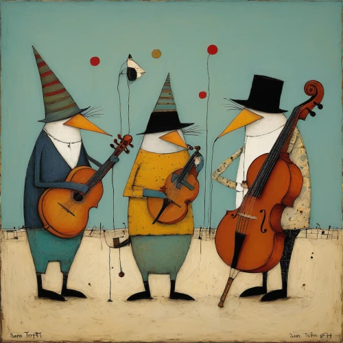musicians,songbirds,violinists,musical ensemble,singers,folk art,blues and jazz singer,string instruments,plucked string instruments,folk music,performers,birds singing,musical instruments,orchestra,whimsical animals,serenade,instruments musical,street musicians,arpeggione,carolers,Art,Artistic Painting,Artistic Painting 49