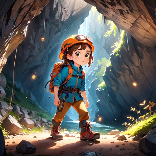 mountain guide,caving,adventurer,game illustration,kids illustration,cave tour,miner,dipper,children's background,adventure game,hiker,chasm,explorer,exploration,adventure,mining,farmer in the woods,magical adventure,pit cave,pinocchio,Anime,Anime,Cartoon