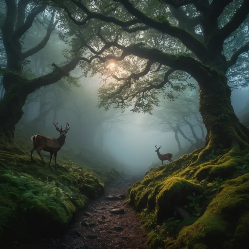 foggy forest,fairytale forest,fairy forest,elven forest,enchanted forest,forest of dreams,forest animals,deers,forest landscape,forest glade,european deer,forest path,holy forest,woodland animals,fawns,germany forest,pere davids deer,fantasy picture,foggy landscape,the forest,Photography,General,Fantasy