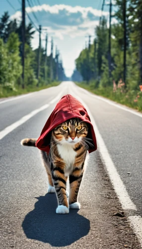 street cat,hitchhiker,cat sparrow,cat warrior,cat image,road marking,road cone,catwalk,tabby cat,cat european,road traffic,wild cat,toyger,move ahead,oncoming,funny cat,road of the impossible,napoleon cat,pounce,road to success,Photography,General,Realistic