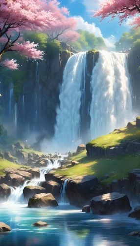 waterfall,landscape background,wasserfall,waterfalls,japanese sakura background,spring background,water falls,water fall,sakura background,springtime background,fantasy landscape,mountain spring,ash falls,cartoon video game background,falls,a small waterfall,bridal veil fall,beauty scene,the natural scenery,falls of the cliff,Illustration,Realistic Fantasy,Realistic Fantasy 01