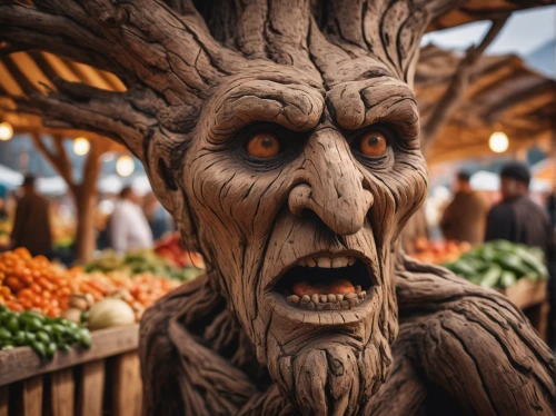 wood elf,harvest festival,groot,folk village,medieval market,hobbit,farmers market,farmer's market,halloween and horror,vendor,greengrocer,tomorrowland,disneyland park,wooden mask,wooden man,wooden figure,market stall,marketplace,hobbiton,chainsaw carving,Photography,General,Cinematic