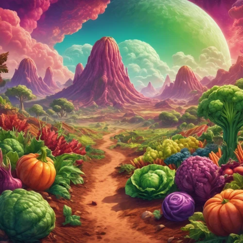 mushroom landscape,vegetables landscape,fantasy landscape,watermelon background,flowerful desert,vegetable field,alien planet,watermelon wallpaper,desert landscape,watermelon painting,desert desert landscape,alien world,fruit fields,mushroom island,apple mountain,lunar landscape,earth fruit,desert,volcanic landscape,cartoon video game background,Conceptual Art,Fantasy,Fantasy 31