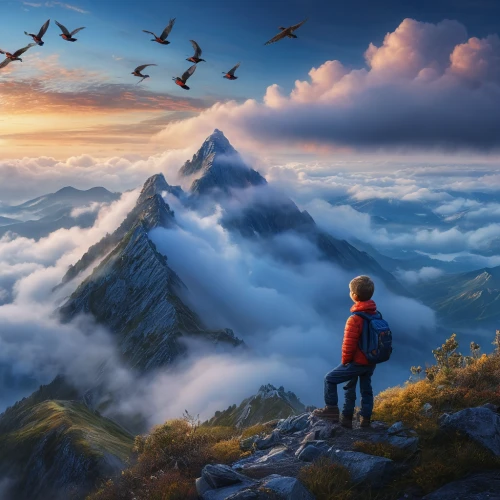 world digital painting,fantasy picture,mountain world,cloud mountain,fantasy landscape,the spirit of the mountains,above the clouds,cloud mountains,mountain scene,landscape background,sea of clouds,children's background,dream world,mountain landscape,fantasy art,mountain peak,high mountains,3d fantasy,mountain sunrise,high alps,Photography,General,Natural