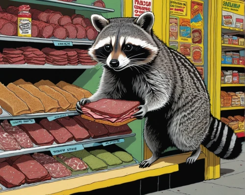 north american raccoon,raccoon,raccoons,anthropomorphized animals,rocket raccoon,badger,grocery shopping,deli,small animal food,supermarket shelf,convenience store,grocery,mustelid,colored pencil background,shopkeeper,coatimundi,pan-bagnat,food spoilage,grocery store,grocer,Illustration,American Style,American Style 15