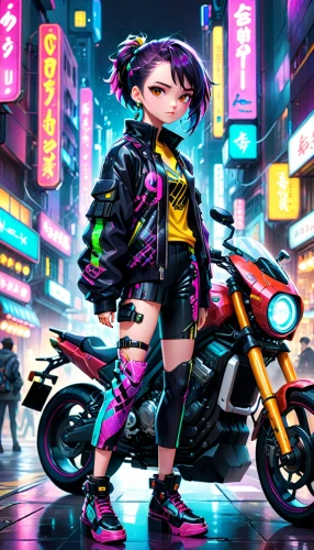 cyberpunk,80s,80's design,cyber,biker,punk,harajuku,vector girl,electric scooter,neon,punk design,world digital painting,renegade,futuristic,nico,ultraviolet,motorbike,hk,e-scooter,neon lights,Anime,Anime,General