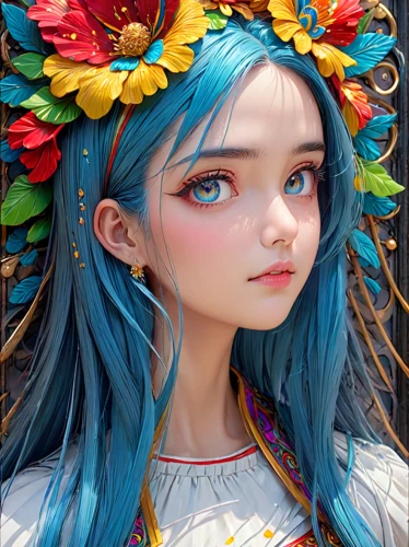 summer crown,flower fairy,fantasy portrait,fairy peacock,spring crown,girl in a wreath,floral wreath,girl in flowers,flora,boho art,flower crown,fiori,wreath of flowers,artist doll,feather headdress,blooming wreath,vanessa (butterfly),painter doll,beautiful girl with flowers,inka,Anime,Anime,General