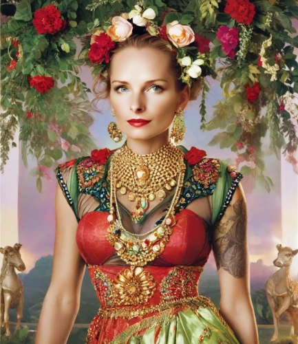 girl in a wreath,russian folk style,celtic queen,christmas woman,queen of hearts,wreath of flowers,fantasy portrait,floral wreath,folk costume,cleopatra,the enchantress,way of the roses,rose wreath,traditional costume,flora,folk costumes,fantasy woman,fairy queen,christmas gold and red deco,christmas jewelry