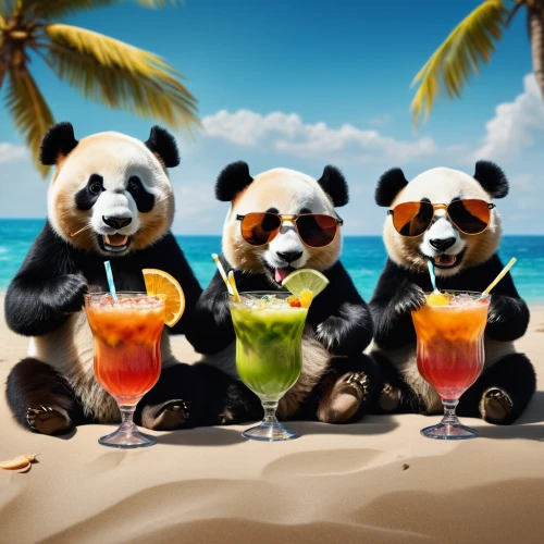 pandas,tropical animals,hanging panda,chinese panda,panda bear,colorful drinks,beach goers,beach bar,panda,coconut drinks,summer icons,rum swizzle,beach background,tropical drink,drinking party,anthropomorphized animals,summer holidays,summer background,beverages,summer foods,Photography,General,Fantasy