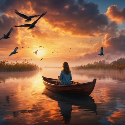 boat landscape,fantasy picture,swan boat,adrift,girl on the boat,fishing float,paper boat,rowboats,canoeing,rowboat,row boat,migratory birds,world digital painting,canoes,photo manipulation,long-tail boat,afloat,kayaker,landscape background,canoe,Photography,General,Natural