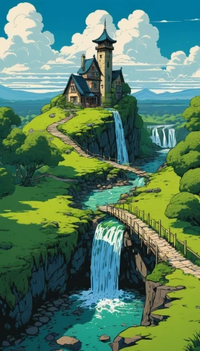 meteora,tower fall,studio ghibli,waterfall,water falls,a small waterfall,waterfalls,falls,ash falls,mountain spring,bastei,water castle,wishing well,knight's castle,falls of the cliff,cartoon video game background,peninsula,old mill,water mill,knight village,Illustration,Vector,Vector 03