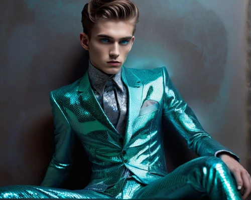 suit of spades,men's suit,male model,turquoise leather,metallic feel,teal,wedding suit,male elf,green skin,menswear,green jacket,a wax dummy,merman,gray-green,color turquoise,navy suit,the suit,pompadour,suit,metallic,Illustration,Abstract Fantasy,Abstract Fantasy 04
