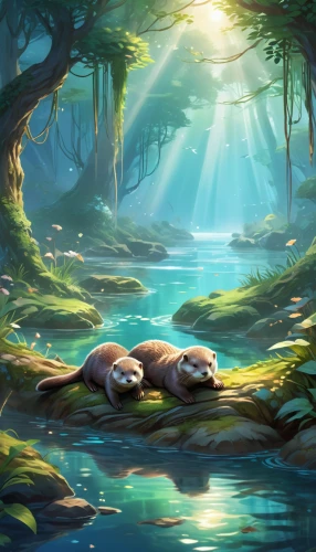 otters,otter,forest background,sea otter,north american river otter,cartoon video game background,otter baby,seals,game illustration,landscape background,forest animals,brown bears,pandas,beavers,bamboo forest,mushroom landscape,sea lions,forest landscape,frog background,forest glade,Illustration,Realistic Fantasy,Realistic Fantasy 01