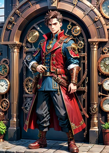 bellboy,male character,steampunk,clockmaker,apothecary,merchant,key-hole captain,iron door,hook,merlin,red tunic,tower flintlock,nikko,male elf,konstantin bow,scarlet sail,galleon,dodge warlock,swordsman,matador,Anime,Anime,General