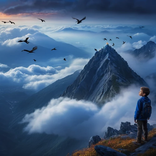 fantasy picture,the spirit of the mountains,fantasy landscape,landscape background,world digital painting,mountain world,photo manipulation,mountain scene,above the clouds,fall from the clouds,cloud mountain,mountain landscape,high alps,children's background,mountain peak,sea of clouds,photoshop manipulation,cloud mountains,dream world,high mountains,Photography,General,Natural
