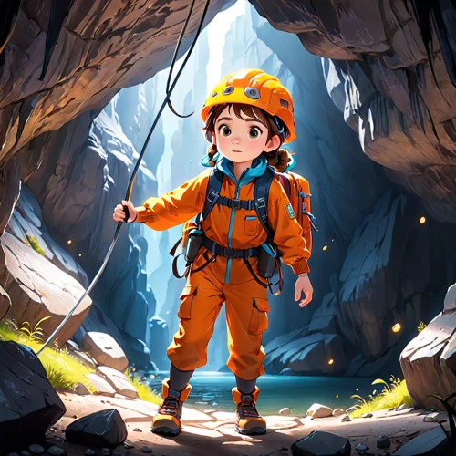 caving,miner,mining,cave tour,mountain guide,crypto mining,exploration,adventurer,mountain rescue,aquanaut,explorer,miners,pit cave,gold mining,canyoning,speleothem,adventure game,kids illustration,cave,climbing equipment,Anime,Anime,Cartoon