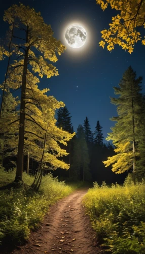 moonlit night,moonlit,night scene,night image,light of night,the mystical path,the night of kupala,moonshine,full moon,blue moon,moon at night,landscape lighting,fantasy picture,moon night,moon and star background,hanging moon,world digital painting,night photography,forest path,forest road,Photography,General,Realistic