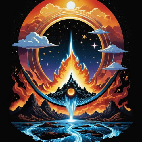 fire planet,space art,five elements,volcano,stratovolcano,volcanos,fire and water,astral traveler,the eternal flame,phase of the moon,triquetra,firmament,portal,sun and moon,pillar of fire,elements,scene cosmic,star ship,planetary system,earth rise,Photography,General,Realistic