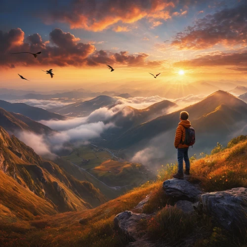 landscape background,mountain sunrise,autumn mountains,world digital painting,mountain landscape,mountain scene,the spirit of the mountains,fantasy picture,beautiful landscape,fantasy landscape,landscapes beautiful,photo manipulation,full hd wallpaper,carpathians,mountainous landscape,mountain world,high landscape,mountain hiking,nature and man,above the clouds,Photography,General,Natural