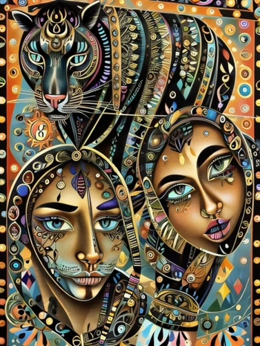 african art,african masks,multicolor faces,tribal masks,psychedelic art,boho art,faces,masks,indian art,heads,gemini,indigenous painting,kaleidoscope art,virgos,masquerade,oil painting on canvas,shamanism,shamanic,meridians,couple boy and girl owl