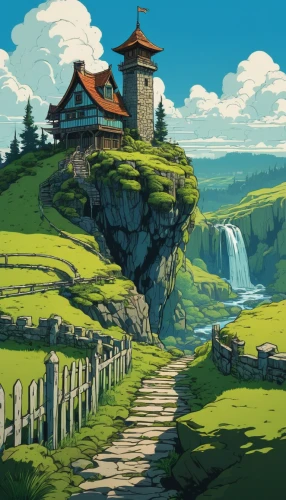 meteora,studio ghibli,fantasy landscape,landscape background,high landscape,mountain world,home landscape,valley,green valley,hillside,mountain landscape,scenery,kingdom,mountain settlement,ancient city,countryside,backgrounds,bastion,hilltop,mountain pasture,Illustration,Vector,Vector 03