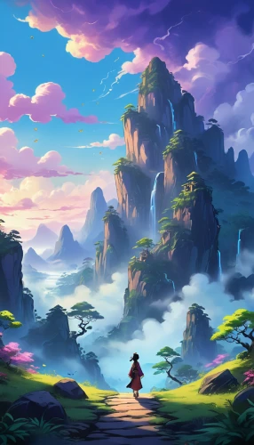 fantasy landscape,meteora,purple landscape,wander,landscape background,mushroom landscape,mountain world,high landscape,cartoon video game background,bird kingdom,dusk background,background screen,world digital painting,3d fantasy,wanderer,backgrounds,dream world,the mystical path,background with stones,fantasy world,Illustration,Realistic Fantasy,Realistic Fantasy 01