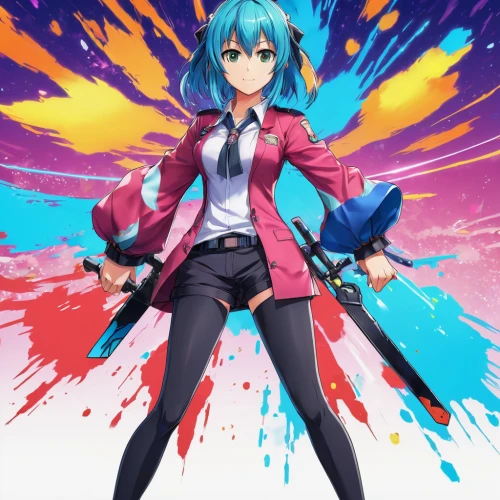 aqua,vocaloid,hatsune miku,ganai,colorful heart,colorful background,rainbow background,miku,red blue wallpaper,rainbow pencil background,holding a gun,wiz,umiuchiwa,colors background,explosion,2d,color background,nico,explosions,anime 3d,Illustration,Japanese style,Japanese Style 03