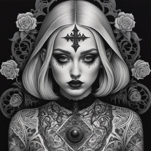 gothic portrait,dark art,priestess,grayscale,dark gothic mood,fantasy portrait,gothic woman,madonna,graphite,vampira,lotus art drawing,goth woman,seven sorrows,gothic,dark portrait,queen of the night,digital illustration,gothic style,occult,sacred lotus,Illustration,Retro,Retro 16