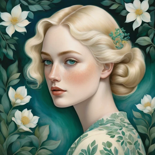 magnolia,gardenia,dahlia white-green,lilly of the valley,fantasy portrait,flora,jasmine blossom,magnolia blossom,white lady,eglantine,linden blossom,star magnolia,camellia,white magnolia,lily of the field,elven flower,girl in flowers,magnolias,portrait of a girl,elsa,Art,Artistic Painting,Artistic Painting 21