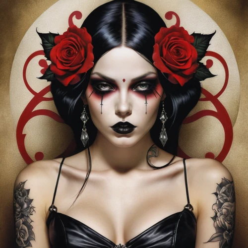 gothic portrait,black rose,gothic woman,red rose,widow flower,black rose hip,queen of hearts,red roses,gothic fashion,goth woman,vampire woman,vampire lady,porcelain rose,gothic style,vampira,gothic,dark gothic mood,rosebushes,widow,voodoo woman,Illustration,Realistic Fantasy,Realistic Fantasy 10