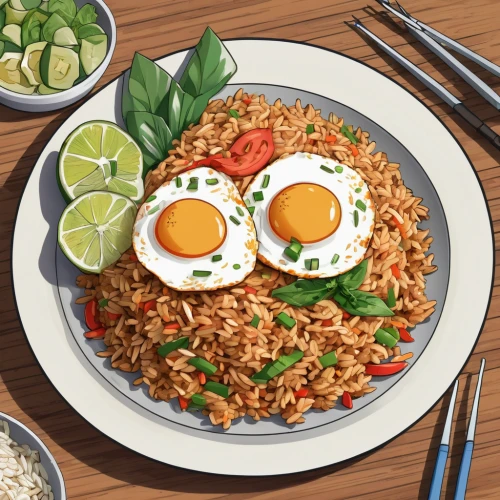 nasi goreng,mie goreng,indomie,rice with fried egg,thai fried rice,special fried rice,kimchi fried rice,indonesian dish,indonesian rice,yakisoba,rice with minced pork and fried egg,fried rice,yeung chow fried rice,bibimbap,singapore-style noodles,egg wrapped fried rice,naengmyeon,spiced rice,prawn fried rice,rice dish,Illustration,Japanese style,Japanese Style 07
