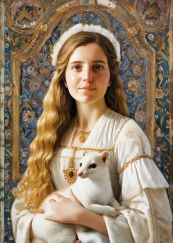girl with dog,bouguereau,cepora judith,girl in a historic way,portrait of christi,portrait of a girl,mona lisa,the prophet mary,fantasy portrait,maltese,cat sparrow,emile vernon,girl with bread-and-butter,joan of arc,mystical portrait of a girl,mary-gold,porcelaine,girl with a dolphin,mary 1,child portrait