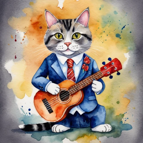 watercolor cat,cartoon cat,musician,jazz guitarist,cat cartoon,tom cat,sock and buskin,banjo player,guitar player,banjo,ukulele,musical rodent,mozartkugel,cat vector,cat sparrow,cat portrait,vintage cat,guitarist,itinerant musician,pet portrait,Illustration,Paper based,Paper Based 24