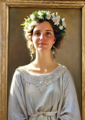 girl in a wreath,portrait of a girl,vintage female portrait,girl in flowers,art nouveau frame,milkmaid,marguerite,portrait of a woman,jane austen,romantic portrait,floral frame,young woman,portrait of christi,woman of straw,woman portrait,girl in a historic way,floral wreath,artist portrait,flower crown of christ,mystical portrait of a girl